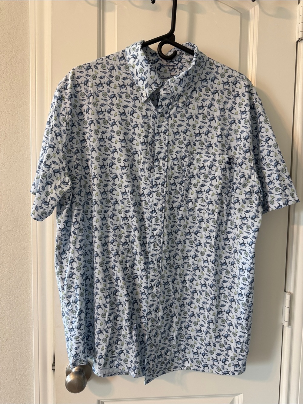 Huk Light Blue Short-Sleeve Button-Down with Navy & Green Floral Print